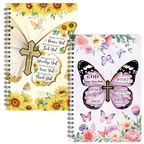 Xqumoi 2Pack A5 Floral Cross Butterfly Religious Spiral Notebooks - God Says You Are Bible Verse Ruled Journal Writing Hardcover Notebooks Christian Christmas Gift Sunday School Supplies - style: B-Butterfly