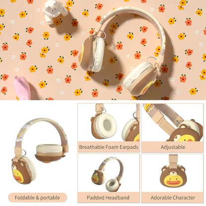 Icarer Kids Bluetooth Headphones with 85dB Volume Limiter, Bluetooth 5.4 & 20H Playtime, Ultra-Soft Foldable Over-Ear Headset with Mic, FM/TF/Wired Mode, Cute Animal Design for School Travel (Brown) - color: Brown