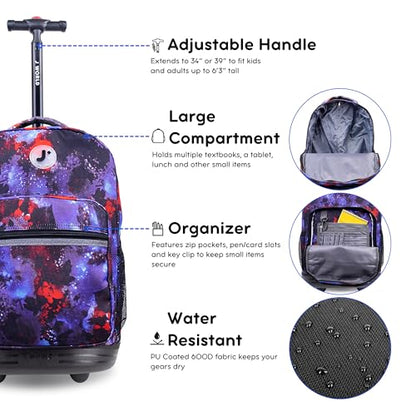 J World Sunrise Kids Rolling Backpack with Wheels for Girls Boys, Roller Bookbag for School, 18 x 13 x 9 Inches, Galax - color: Galaxy
