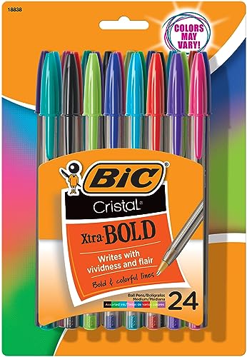 BIC Cristal Xtra Bold Ballpoint Pens, Bold Point (1.6 mm), School Supplies for Color-Coded Notes, 24-Count Pack in Assorted Colors - color: Vivid Assorted Ink, size: 24 Count (Pack of 1), style: Bold Point (1.6mm)