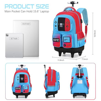 Jafeton Rolling Backpack for Boys, 3 PCS Gamer Boy Backpack Set with Lunch Box & Pencil Pouch, Roller Wheels School bag for Boys Kids Teens, Elementary Middle School, Kids Bookbag Casual Daypack - color: Red Blue