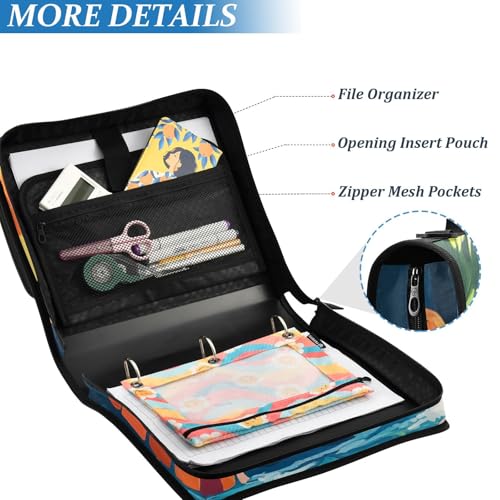 Cute Flamingos Palm Trees and Sea Waves Zipper Binder 3 Ring 1.5 Inch School Binder Organizer with Shoulder Strap Handle File Folder Pockets Large Capacity Students Girl Boy Men Office Work - color: Cute Flamingos Palm Trees and Sea Waves