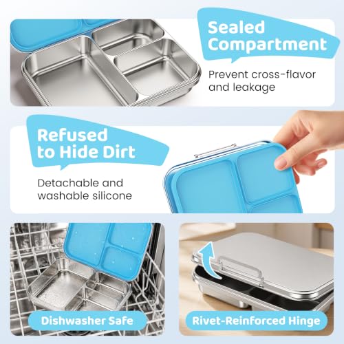 Pawtong Stainless Steel Bento Box for Kids and Adults, 3 Compartment Leakproof Lunch Box with Removable Silicone Seal and Silicone Contianer, Metal Lunch Container for School, Work and Travel (Blue) - color: Blue