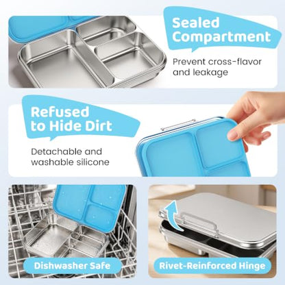 Pawtong Stainless Steel Bento Box for Kids and Adults, 3 Compartment Leakproof Lunch Box with Removable Silicone Seal and Silicone Contianer, Metal Lunch Container for School, Work and Travel (Blue) - color: Blue