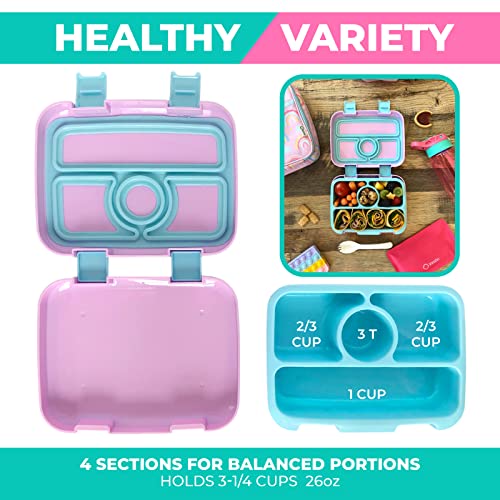 Bento Lunch Box with Insulated Bag, Water Bottle & Ice Pack Set for Kids Toddlers, 4 Portion Sections, Removable Tray, Pre-School Girl Kid Toddler Daycare Lunches, Snack Container, Purple Rainbow - color: Rainbow Set