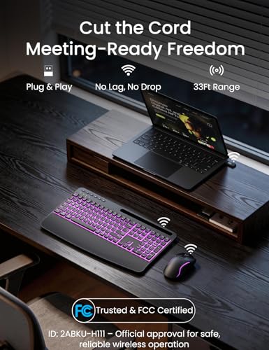 SABLUTE Wireless Keyboard and Mouse Combo, Rechargeable 4000mAh Light up Quiet Keyboard with Wrist Rest & Phone Holder, Ergonomic Silent Typing for PC/Mac/Laptop/Windows/Chrome OS