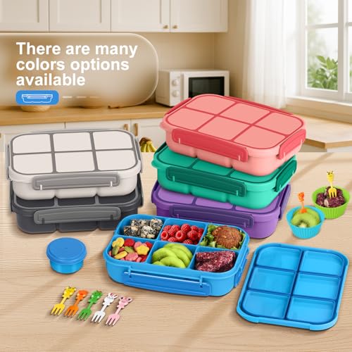 Amathley Lunch Box Kids Girls Boys,Bento Box Adult,Toddler Lunch Containers for School,Leakproof Snack Containers with 6 Compartments,Sauce Container,10 Food Picks and 4 Muffin Cups (Blue) - color: Blue