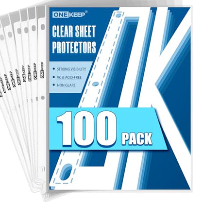 100 Pack Sheet Protectors, Top Loading Reinforced 3-Hole Page | Protectors for 3-Ring Binders, Fits Standard 8.5" x 11" Letter Size Paper, Perfect for Documents & Photos, Office Supplies