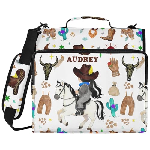 Personalized Name Binder Bag, Cowgirl Wild West Running Horse Black Zipper Binder 3 Ring, Multi-Pocket School & Office Personalized Binder Organizer, Compatible with 14-Inch Notebook - color: Option E