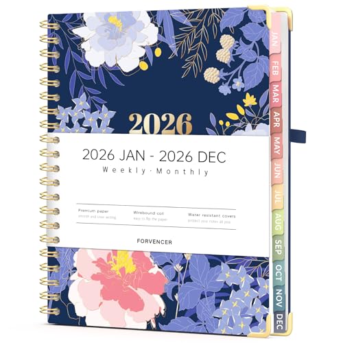 Forvencer 2026 Planner, Weekly and Monthly Calendar Planner for Women, Jan 2026 - Dec 2026, 8.5" x 11", Hardcover Planning Agenda book with Monthly Tabs, Spiral Bound, Inner Pocket, Cute Journal Organizer Notebook for Office School, A4 Size - color: Blue