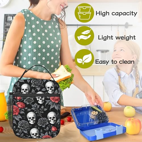 Gothic Skull Roses Kids Lunch Bag Insulated Lunch Box Cooler Freezable Meal Prep Bag with Shoulder Strap Waterproof Lunch Container for Boys Girls School Office Picnic - color: Gothic Skull Roses