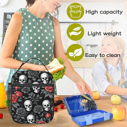 Gothic Skull Roses Kids Lunch Bag Insulated Lunch Box Cooler Freezable Meal Prep Bag with Shoulder Strap Waterproof Lunch Container for Boys Girls School Office Picnic - color: Gothic Skull Roses