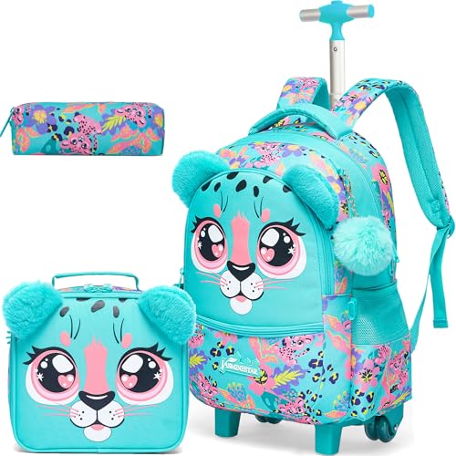 Rolling Backpack for Girls Backpacks with Wheels for Elementary School Students Kids 3 in 1 Travel Luggage Suitcase with Lunch Box Pencil Case for Girls Age 8-10 - color: Green
