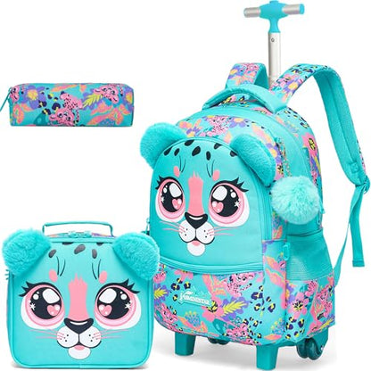 Meetbelify Rolling Backpack with Wheels - Cute Carry On for Elementary Students - Travel Suitcase for Girls 8-10 - color: Green