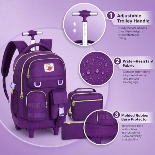 WZLVO Rolling Backpack for Girls Women, 21 inch Water Resistant Roller Wheels Backpacks, Wheeled Bookbag with Lunch Bag for Teen Elementary School Travel - Dark Purple - color: Dark Purple