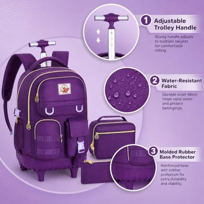WZLVO Rolling Backpack for Girls Women, 21 inch Water Resistant Roller Wheels Backpacks, Wheeled Bookbag with Lunch Bag for Teen Elementary School Travel - Dark Purple - color: Dark Purple