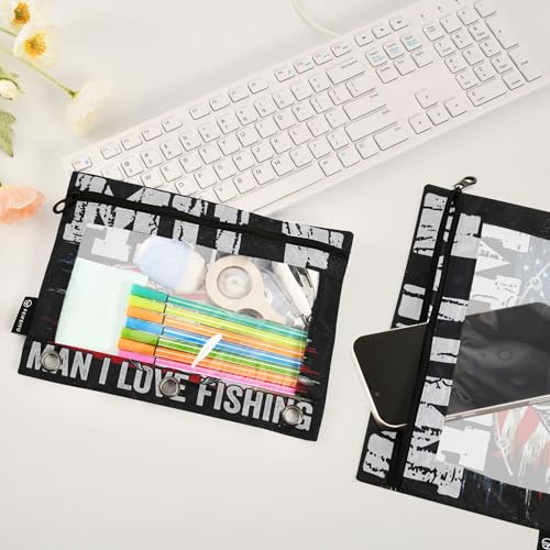 Man I Love Fishing Binder Pouches 3 Ring for Boys Girls School Office College Supplies Fishman USA America Flag Pencil Pouches Case Bag with Clear Window and Zipper 2 Pack - color: Fishing