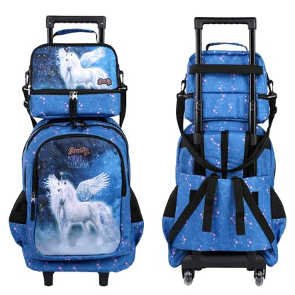 seastig Rolling Backpack 18in Double Handle Backpack Kids Wheeled Backpack Roller Backpack with Lunch Bag Set Girls Boys - color: White Horse