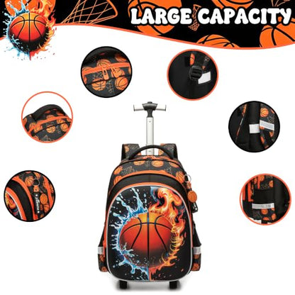 Meetbelify Rolling Backpack for Boys Basketball Backpack with Wheels Kids Roller Suitcase Travel Luggage for Elementary Student Ages 6-8 - color: Basketball