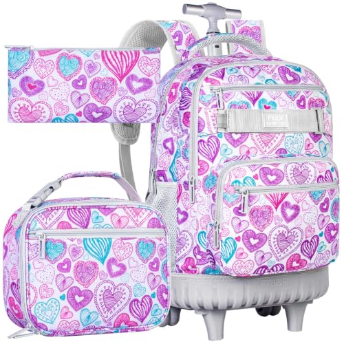 3pcs Rolling Backpack for Girls, 19 Inche Adult Bag with Roller Wheels, Wheeled Bookbag Set for Women - PinkGrey - color: Love Pinkgrey