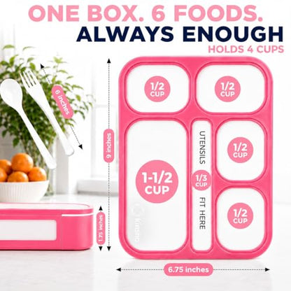 kinsho Lunch Box with Insulated Bag and Ice Pack for Girls Kids Teens, Bento Set, 6 Compartment Leak Proof Food or Snack Container, BPA Free, Microwave Safe, Ideal for School Travel, Pink - color: Pink