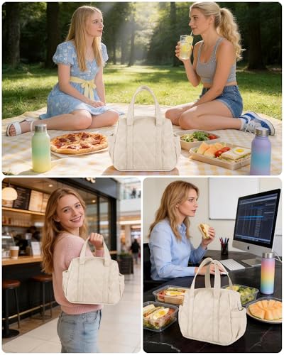 Quilted Puffer Lunch Bag for Women, Insulated Lunch Tote with Foil Lining, Leak-Resistant Reusable Lunch Cooler Bag, Roomy Soft Lunch Box for Work, School, Picnic and Travel (Off White) - color: Off-White