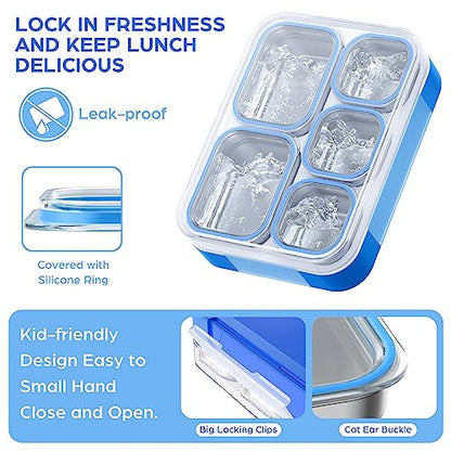 Bento Box Stainless Steel Lunch Box Set with for Lunch Bag Kids Adult 5-Compartment Leakproof Insulated Lunch Containers with Utensils for School Works, Metal Lunchbox Tray BPA-Free (Blue)
