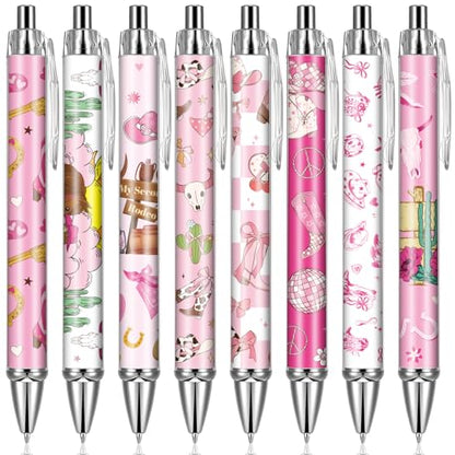 Cowgirl Pink Ballpoint Pens - 24 Pcs Retractable Western Style Girls Gifts Colorful Writing Smooth Cow Pattern Black Ink Ball Point Pen Office Supplies Party Favors for Christmas Graduation - style: Cowgirl