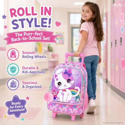 AGSDON 3PCS Kids Rolling Backpack, Girls Roller Wheels Bookbag, Wheeled Elementary School Bag with Lunch Bag - White Cat - color: White Cat Roller