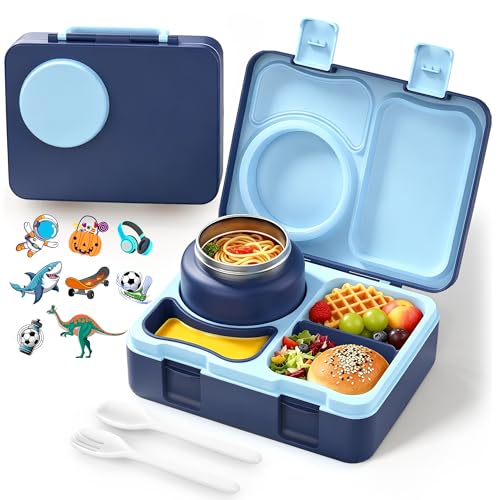 Bento Box for Kids, Leakproof Kids Bento Lunch Box Container with 8oz Insulated Thermo Food Jar, Sauce Jar, Utensil, DIY Stickers for School Boys Girls, 3-4 Compartments, BPA-Free - color: Navy Blue