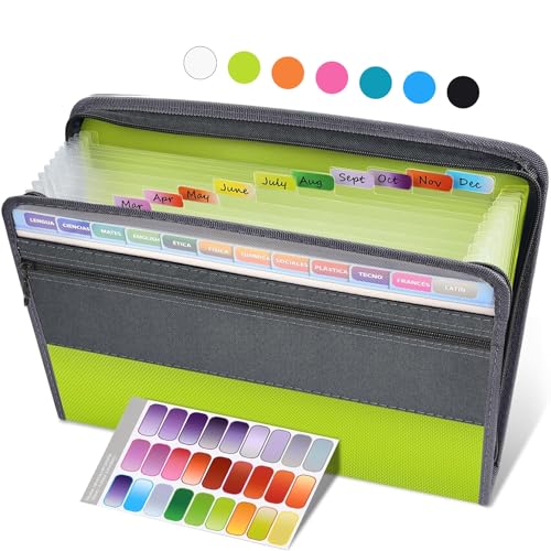 Sooez Accordion File Organizer with Safe Zipper, 12 Pocket Expanding File Folder with Front Pencil Pouch, Portable Monthly Paper Bill Tax Receipt Organizer, School Office Supplies, Letter Size, Green - color: Green, style: 12 Pockets