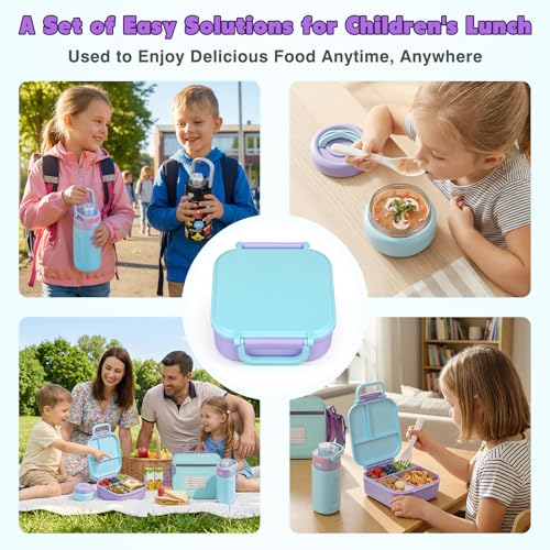 Bento Lunch Box for Kids with 7oz Soup Thermo,Insulated Stainless Steel Kids Water Bottle with Straw and Insulated Lunch Bag,Leak-Proof Lunch Food Container with Ice Pack for School(Purple) - color: Purple