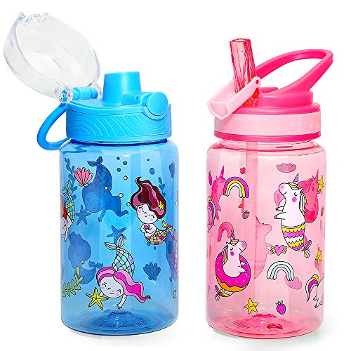 16oz Kids Water Drinking Bottle - Tritan BPA Free, Auto Flip Chug Lid, Sip Straw Lid, Carry Loop, Lightweight, Leak-Proof, Cute Design For Girls & Boys - 2 Pack Unicorn & Mermaid - color: Unicorn & Mermaid