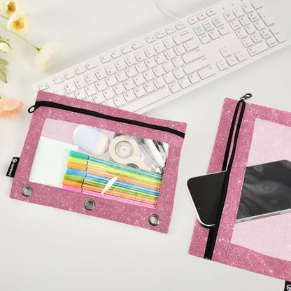 Binder Pouches 3 Ring for Boys Girls Glittery Pink Sparkling Zipper Pencil Pouches Case Bag with Clear Window School College Office Supplies 2 Pack - color: Pink Sparkling