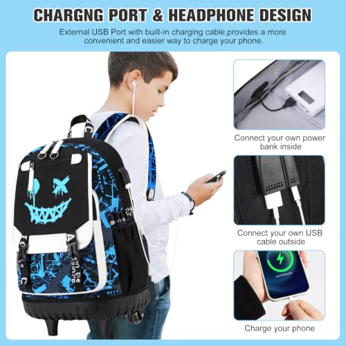 Bevalsa Rolling Backpack for Boys, Roller Backpack with Wheels, Wheeled School Bag with Sling Bag, Lunch Box & Pen Case for Kids Children Teens Elementary Middle Student Glow In The Dark - color: Smile