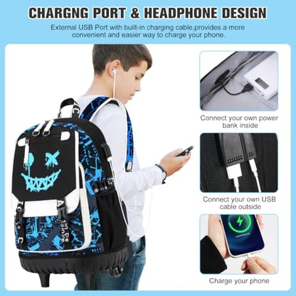 Bevalsa Rolling Backpack for Boys, Roller Backpack with Wheels, Wheeled School Bag with Sling Bag, Lunch Box & Pen Case for Kids Children Teens Elementary Middle Student Glow In The Dark - color: Smile