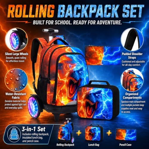 AGSDON Quiet Rolling Backpack with Lunch Box Set – Large Luminous Wheel Water‑Resistant Wheeled Bag for School, Outings, and Travel | Fire-Lightning Dinosaur 3‑Piece Organizer Backpack - color: Large Luminous Wheel Rolling Fire-lightning Dino