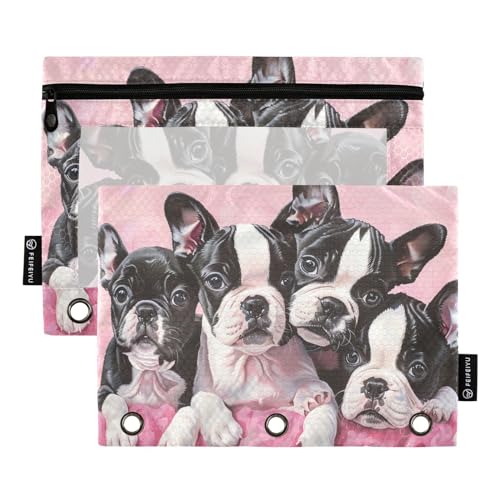 Pencil Pouch for 3 Ring Binder Boston Terrier Puppies Pink 2 Pack Clear Window Pencil Bags with Zipper Pencil Case - color: Multicolored 18
