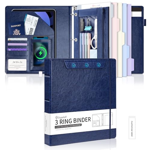 Ospelelf 3 Ring Clipboard Binder with Storage Pouch, 1 Inch Round Ring, Leather Magnetic Clipboard Folder with Notepad (11" x 8.5"), 5 Dividers with 10 Pockets, School Office Binder, Navy Blue - color: Blue