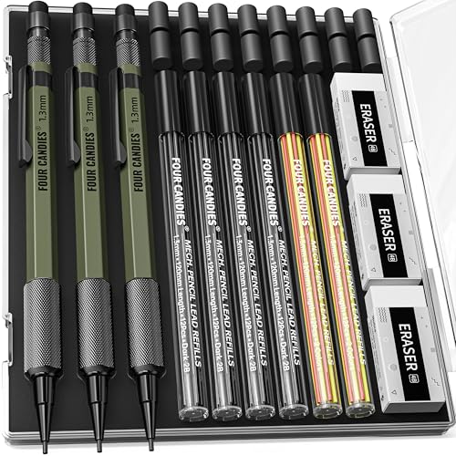 Four Candies 1.3mm Metal Mechanical Pencil Set with 72 Lead Refill, 3PCS | Weatherproof Body, Heavy Duty, 3 Erasers, 16 Eraser Refills, for Outdoor Construction Woodworking Drafting Marking with Case - size: 3-Pack, style: Olive Green