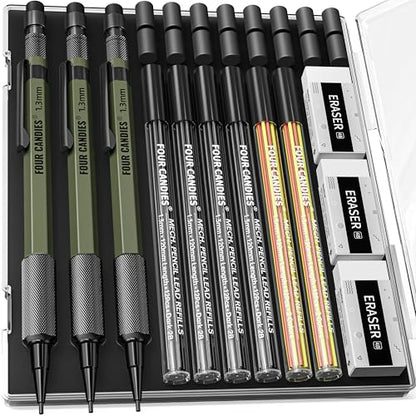 Four Candies 1.3mm Metal Mechanical Pencil Set with 72 Lead Refill, 3PCS | Weatherproof Body, Heavy Duty, 3 Erasers, 16 Eraser Refills, for Outdoor Construction Woodworking Drafting Marking with Case - size: 3-Pack, style: Olive Green