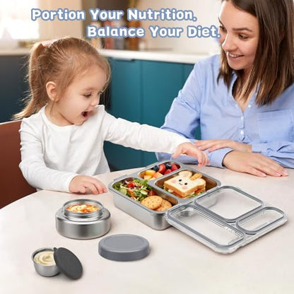 Pawtong Stainless Steel Bento Box Kids Adult with 7oz Insulated Food Jar, Transparent Lid Metal Lunch Box With Soup Thermal Jar, Lunch Box Container with Removable Divider & Sauce Cup School (Grey) - color: Gray
