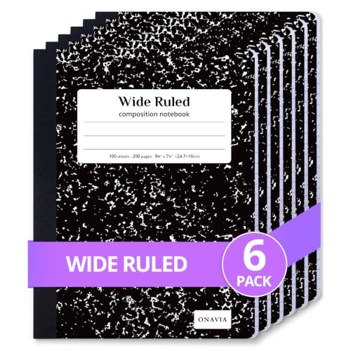 ONAVIA Composition Notebook Wide Ruled 6 Pack, 200 Pages, Marble Black | 100 ct, 9.75 x 7.5 in, Wide Ruled Composition Notebook, Durable Comp Book, School Notebooks, Note Taking, Students - color: Black, size: 9.75 x 7.5"