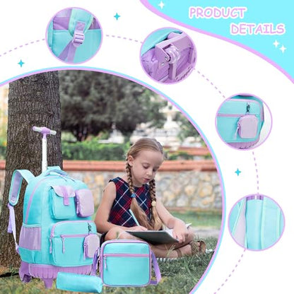 Rolling Backpacks for Kids with Wheels Backpack for School Girls Teen with Lunch Bag Pencil Case Backpack for Girls Bookbags Backpack Toddler Daycare School Bag Elementary - color: Solid Green