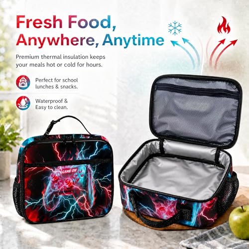 Game Backpack Set for Boys Kids – 17" Large Capacity Gaming School Bag with Lunch Box, Pencil Bag and Coin Purse (Blue&Red) - color: Blue&red-1