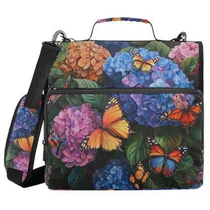 Hydrangea with Butterfly Zipper Binder 3 Ring 1.5 Inch School Binder Organizer with Shoulder Strap Handle File Folder Pockets Large Capacity Students Girl Boy Men Office Work - color: Hydrangea With Butterfly