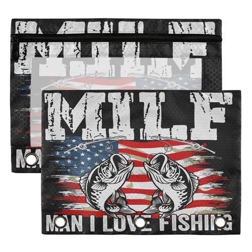 Man I Love Fishing Binder Pouches 3 Ring for Boys Girls School Office College Supplies Fishman USA America Flag Pencil Pouches Case Bag with Clear Window and Zipper 2 Pack - color: Fishing