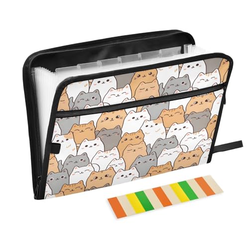 Cartoon Kitten 13 Pocket File Organizer Expanding File Folder with Front Pouch Portable Business File Storage Document Organizer Folder with Zipper - color: Cartoon Kitten