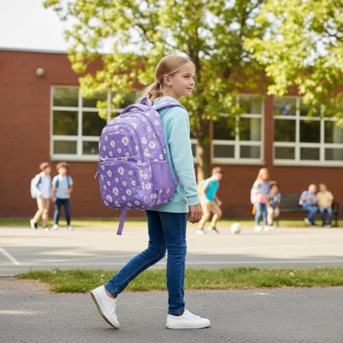 Glodwheat Daisy Printed Backpack For Girls- 3Pc Set With Lunch Box & Pencil Case, Lightweight Water-Resistant Bookbag For Elementary School - color: Purple