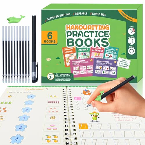 Magical Handwriting Workbooks Handwriting Practice Magic Copybook, Handwriting Aid Magic Pen Reusable Copybook Grooves Template Design for Children (6 Books) - color: 6 Books